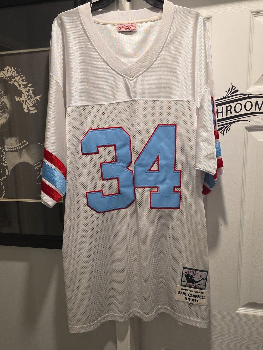 Mitchell & Ness White Mesh Football Jersey with Light Blue 34 and Red Trim